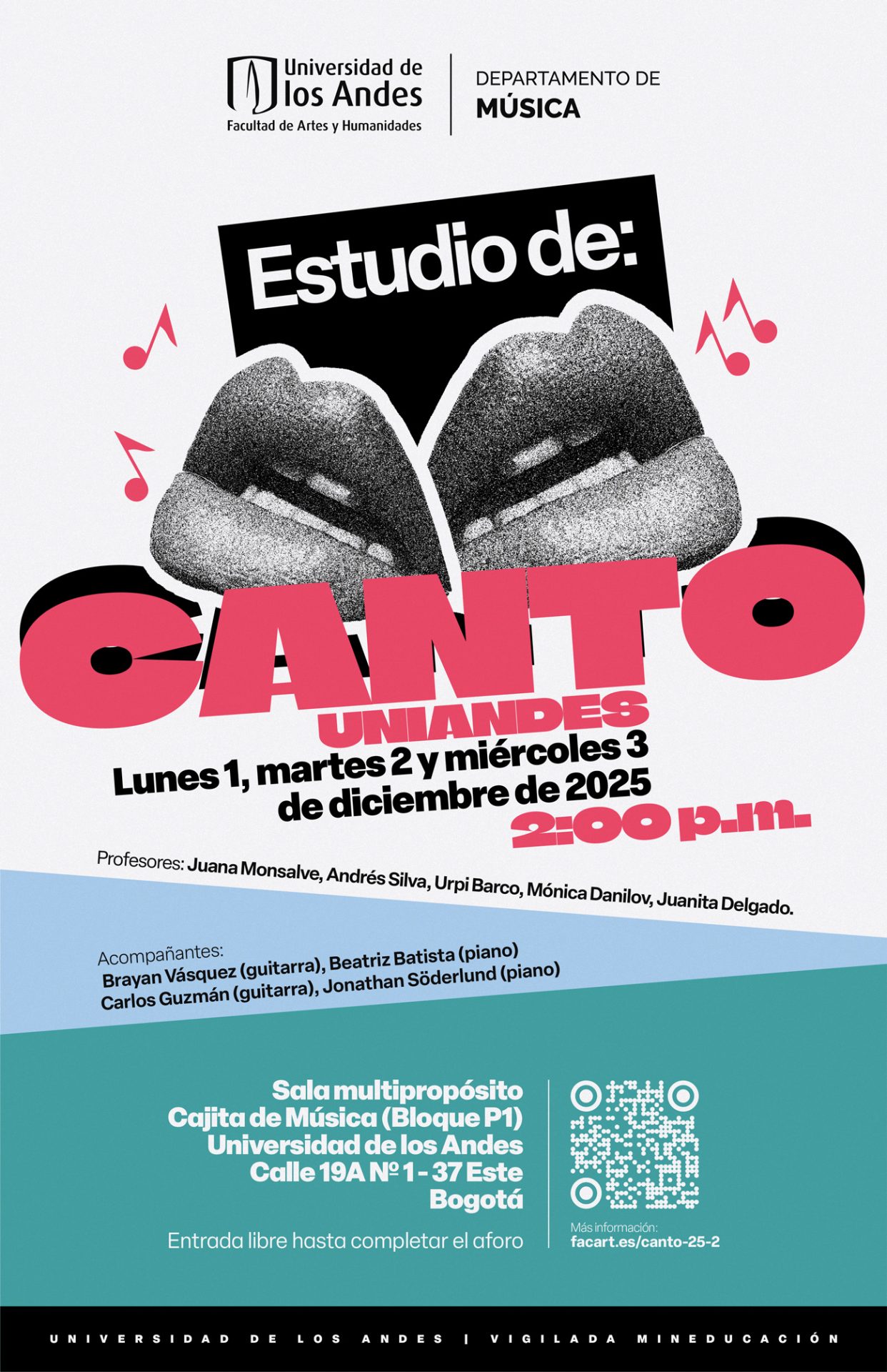 Lunes 1, martes 2 y miércoles 3 de diciembre de 2025 a las 2:00 p.m. en la Cajita de música, Universidad de los Andes