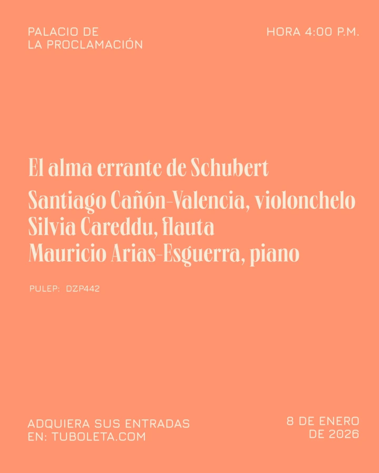 El alma errante de Schubert, próximo jueves 8 de enero de 2026 a las 4:00 p.m. en el Palacio de la Proclamación en Cartagena, Bolívar