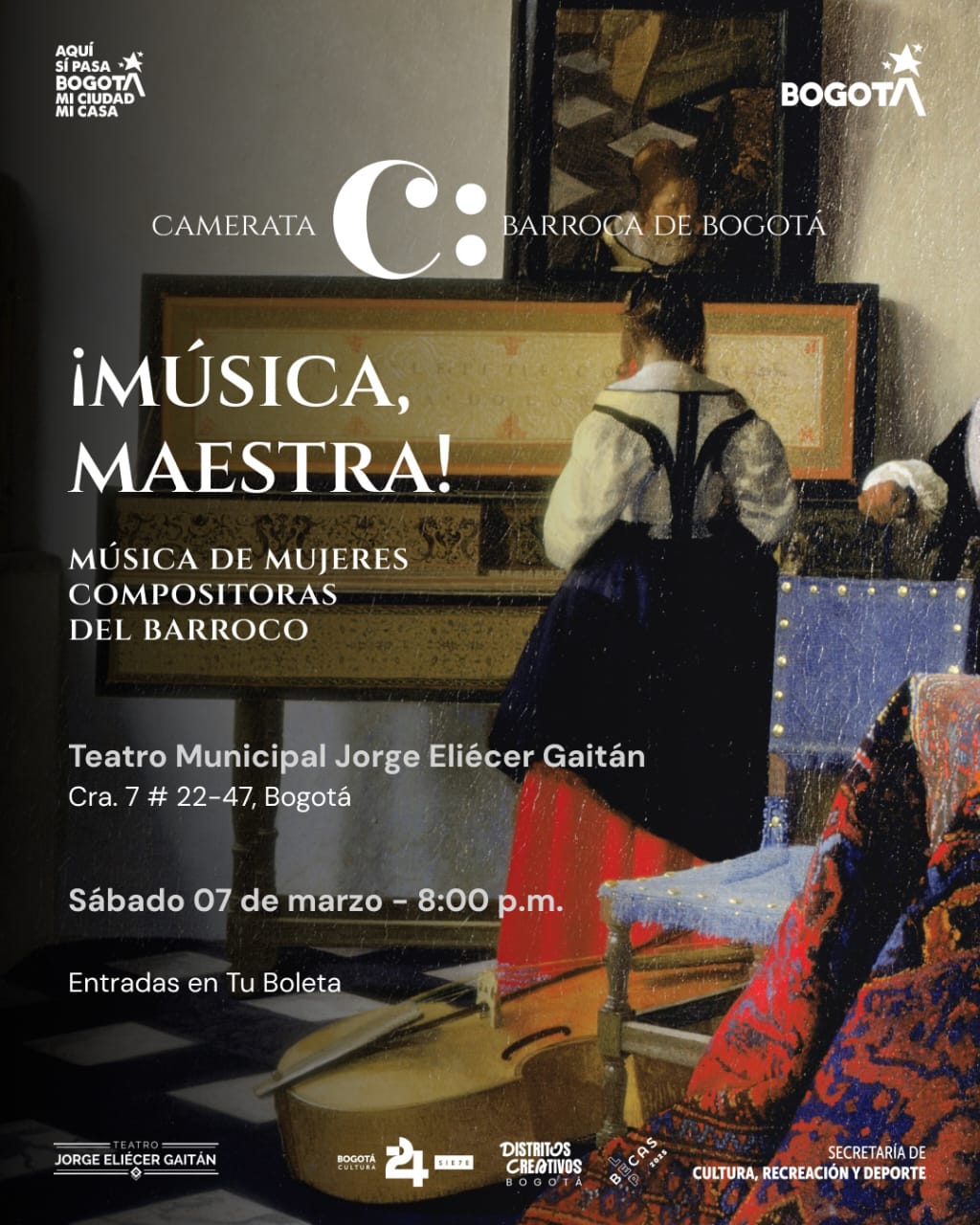 ¡Música Maestra! Mujeres compositoras del Barroco, sábado 7 de marzo de 2026 a las 8:00 p.m. en el Teatro Jorge Eliécer Gaitán